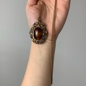Vintage Filigree Delicate Bronze Stone Pendant Necklace